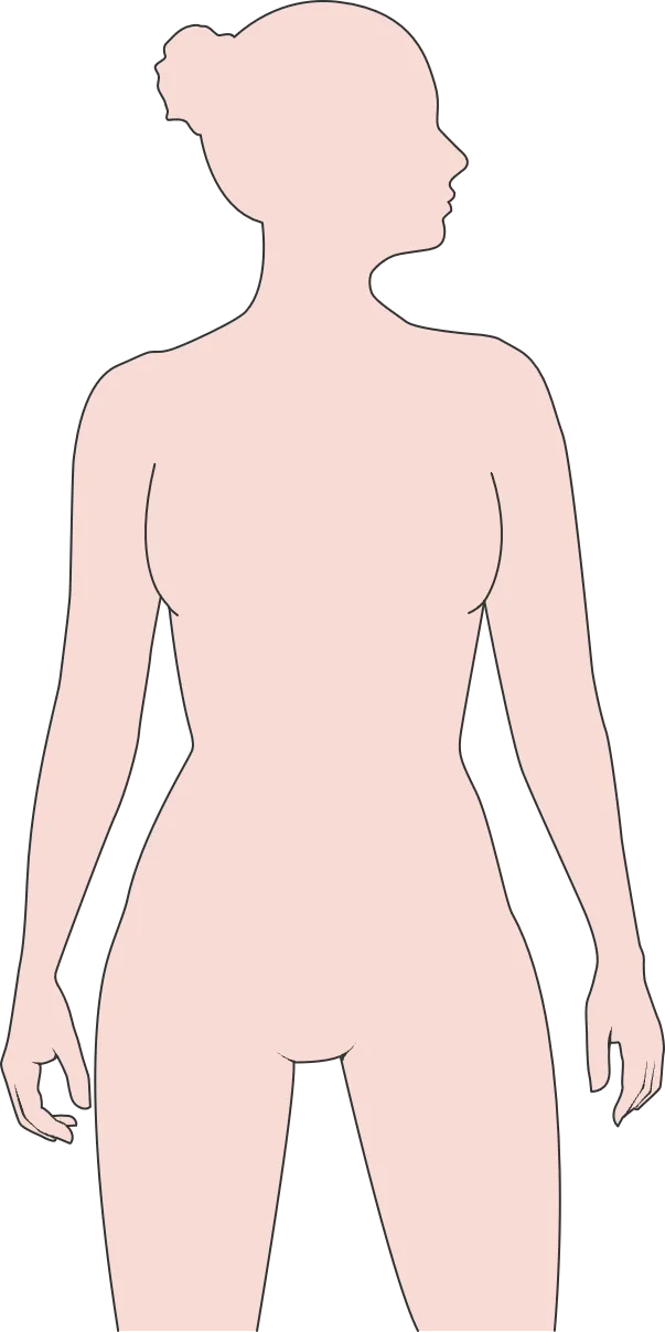 Outline of a woman's body, with points marking body areas such as the thyroid, joints and gut